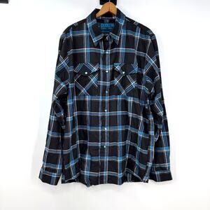 DIXXON Flannel Shirt Form and Function Pearl Snap Mens L Black Blue Plaid